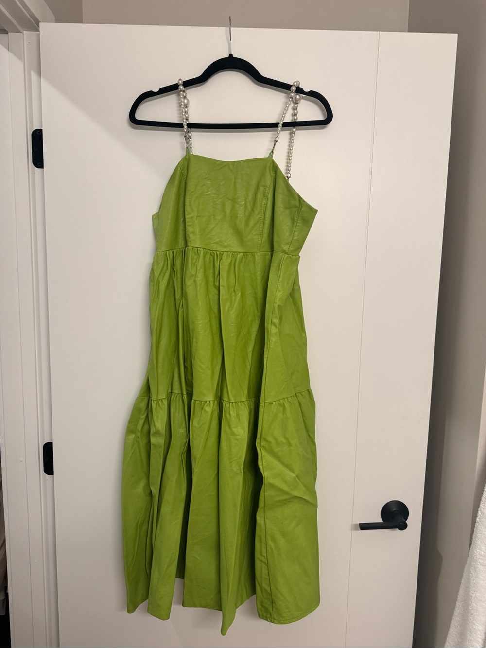 Lime Green Tiered Midi Dress with Pearl Straps